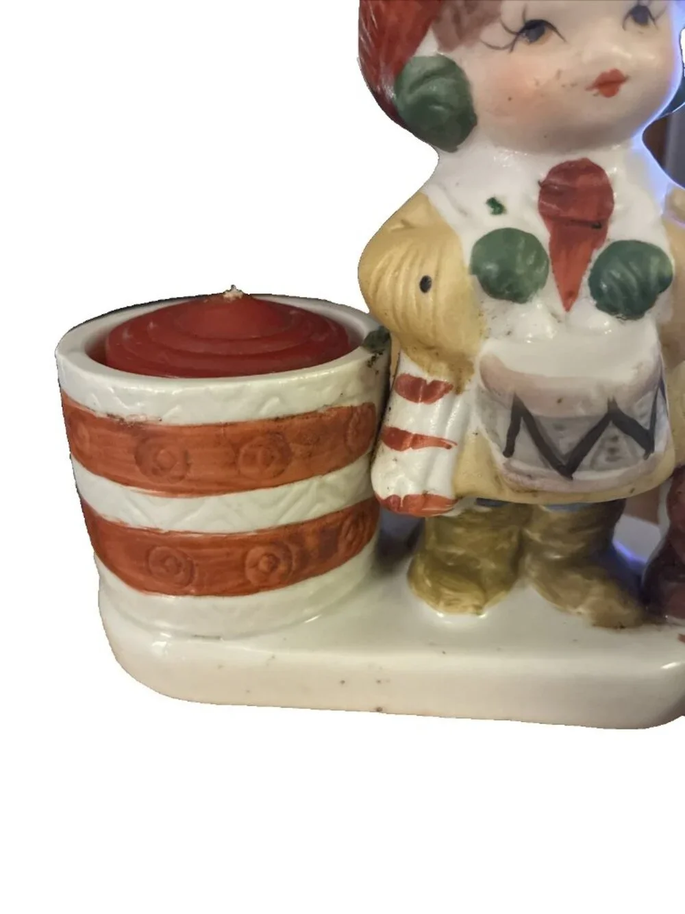 Vintage Christmas Girl Candle Holder Figurine Drum Squirrel Retro Cottagecore